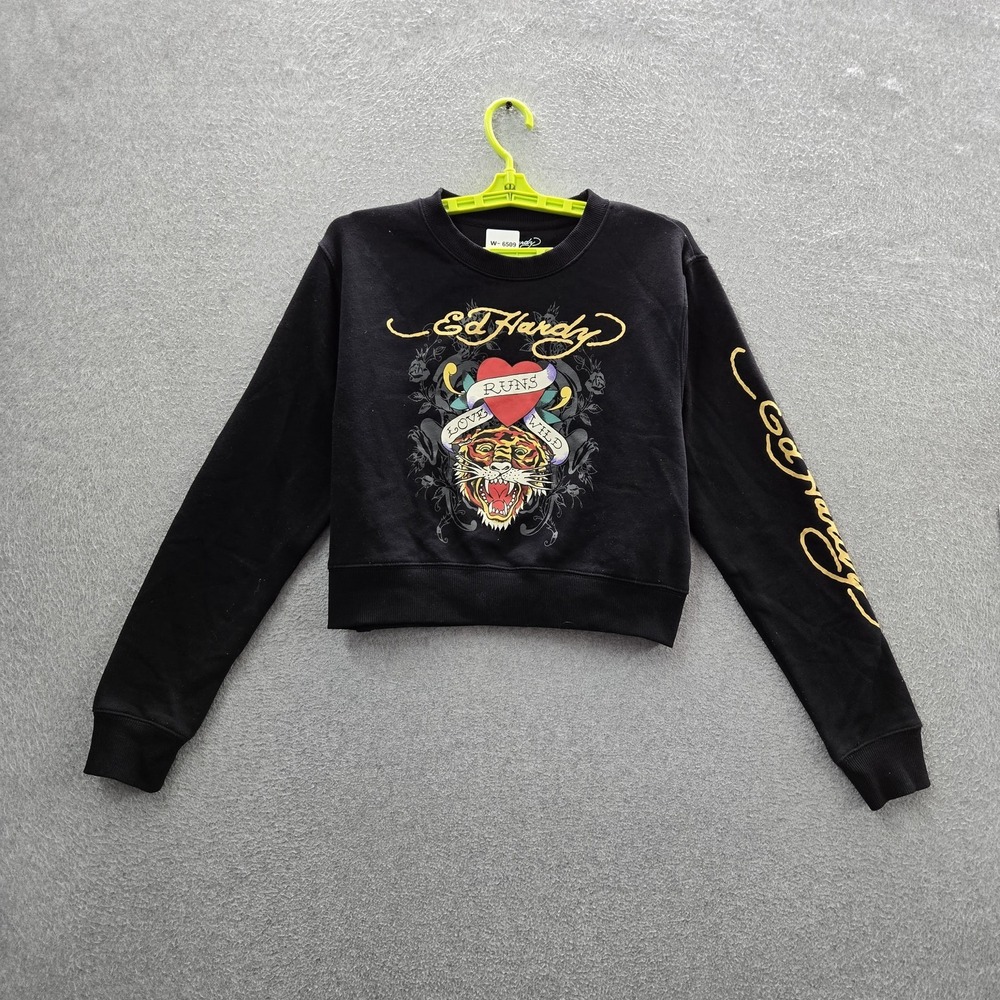 Ed Hardy Women Sweatshirt M Black Graphic Fleece Tiger Heart Indie Sleaze Logo
